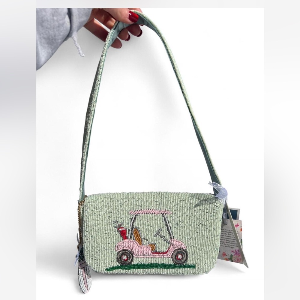 Mint Green Golf Cart Beaded Shoulder Bag w/ Golf Clubs Bag Charm Made in India